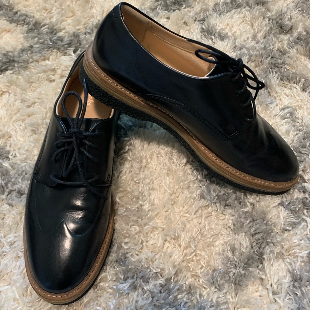 Clarks Black Leather Platform Oxford Shoes Sz 9.5